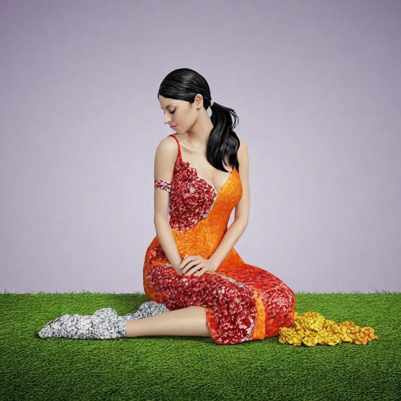 Woman in a colorful floral dress kneels on green grass with a purple background.